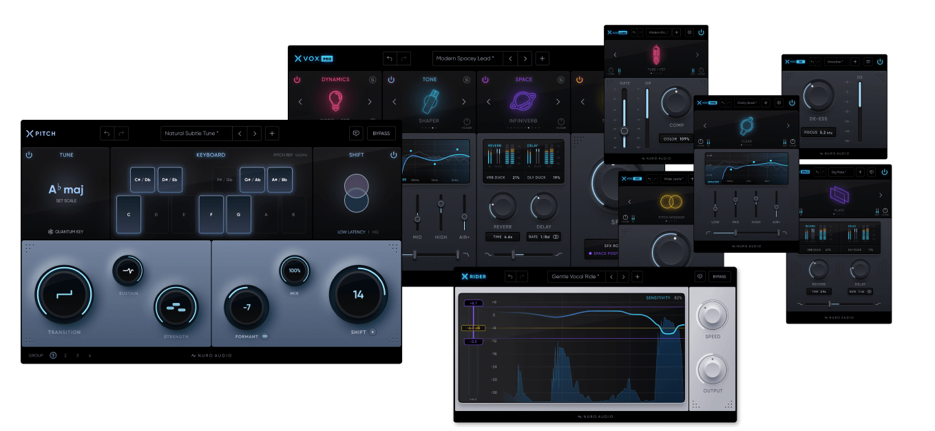 智能人声混音插件套装 Nuro Audio Everything Bundle v2024.11.09 MacOS (包含Xpitch Comp Max Mod Xrack Pro Sat Tone Transient Xrack Comp DS Pro SFX Space Tone)