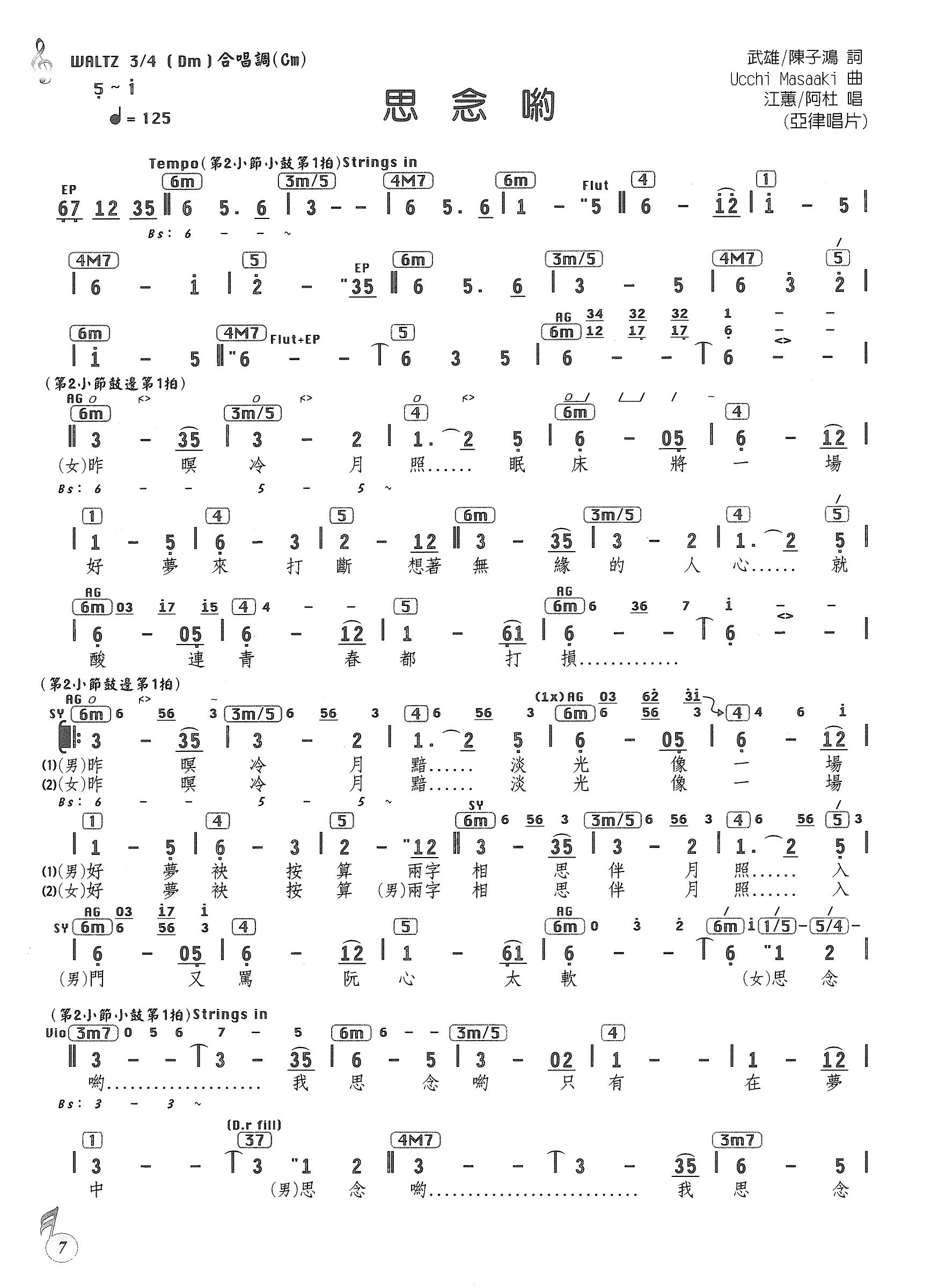 思念哟乐谱-江蕙，阿杜