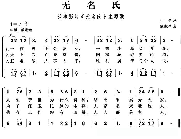 无名氏（故事影片《无名氏》主题歌）简谱 - 乐谱