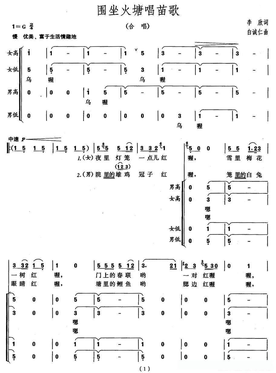 围坐火塘唱苗歌简谱 - 乐谱