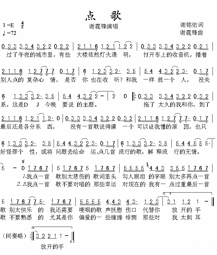 谢霆锋演唱：《点歌》简谱 - 乐谱