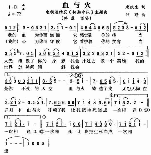 电视剧《特勤中队》主题曲：血与火 - 乐谱
