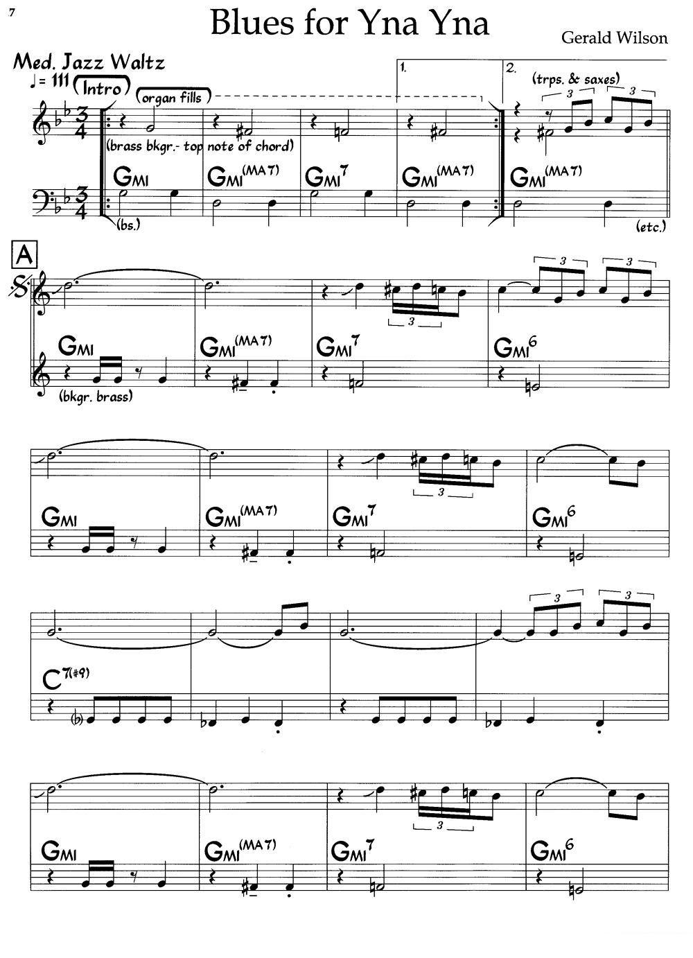 爵士钢琴曲：Blues For Yna Yna - 乐谱