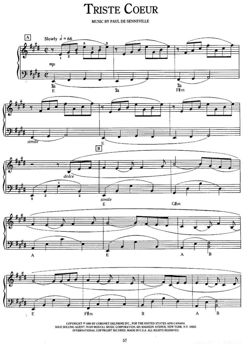 理查德·克莱德曼《Triste Coeur》钢琴谱 - 乐谱