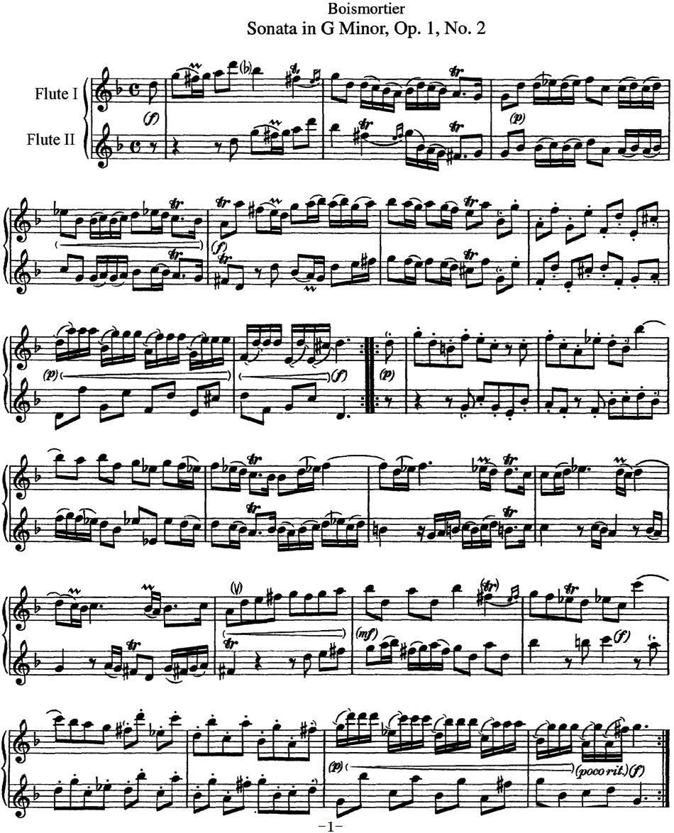 博伊斯卯绨G大调双长笛奏鸣曲Op.1（NO.2） - 乐谱