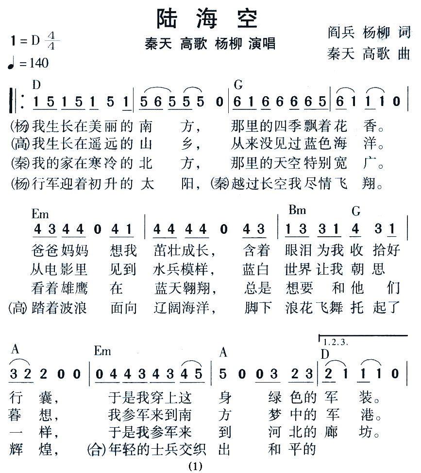 海陆空（秦天词曲 高歌曲 杨柳、阎兵词） - 乐谱