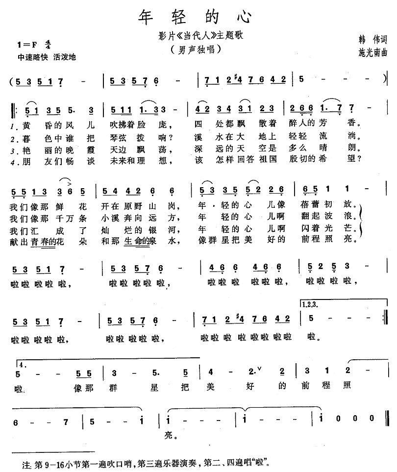 年轻的心（电影《当代人》主题歌） - 乐谱