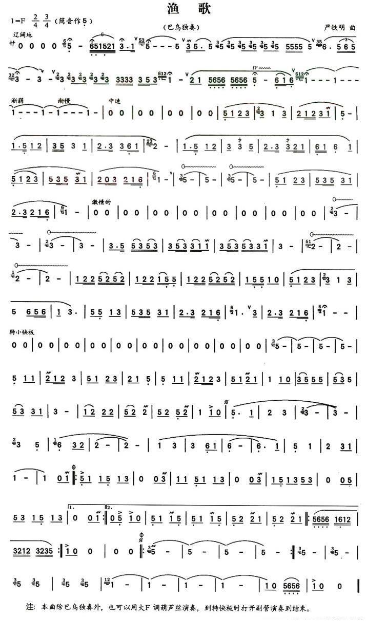 渔歌（巴乌独奏 严铁明曲） - 乐谱