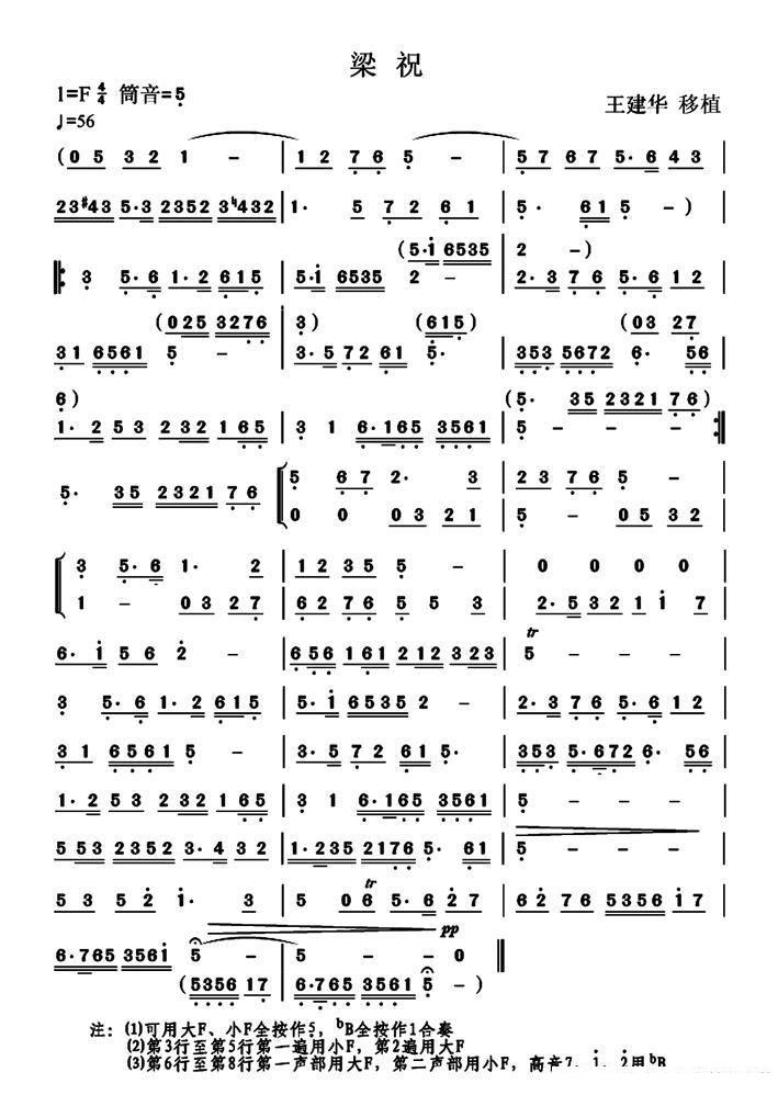 梁祝（简易版 王建华移植） - 乐谱