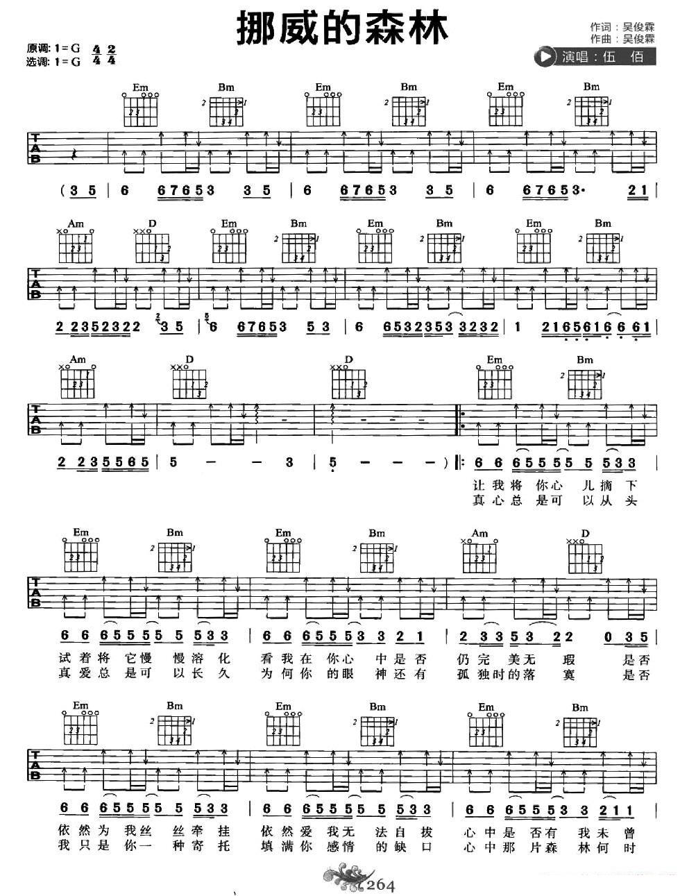 挪威的森林(吉他谱/六线谱 伍佰演唱) - 乐谱