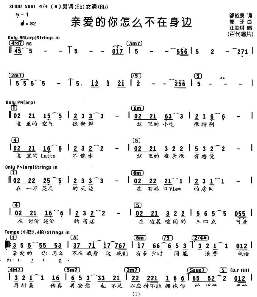 百代唱片：亲爱的你怎么不在身边 - 乐谱