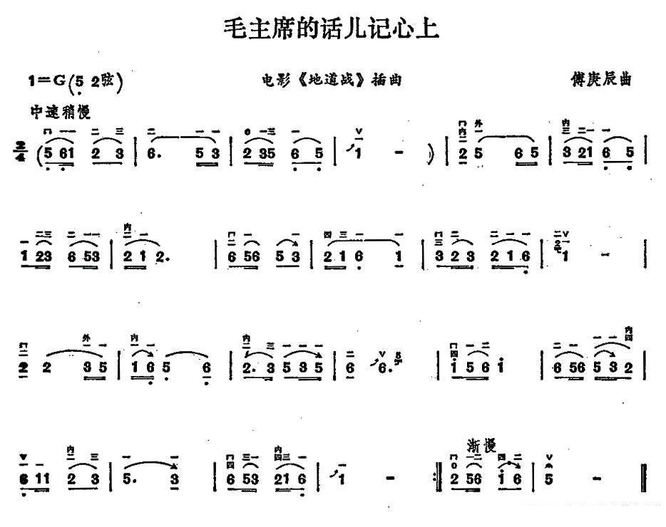 毛主席的话儿记心上（傅庚辰曲） - 乐谱