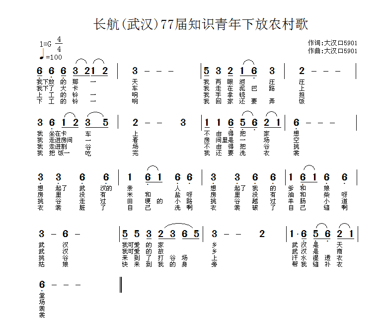 77届知识青年下放农村歌（又名：下放的那一天） - 乐谱