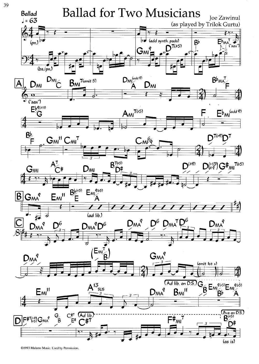 Ballad for Two Musicians（爵士钢琴曲） - 乐谱