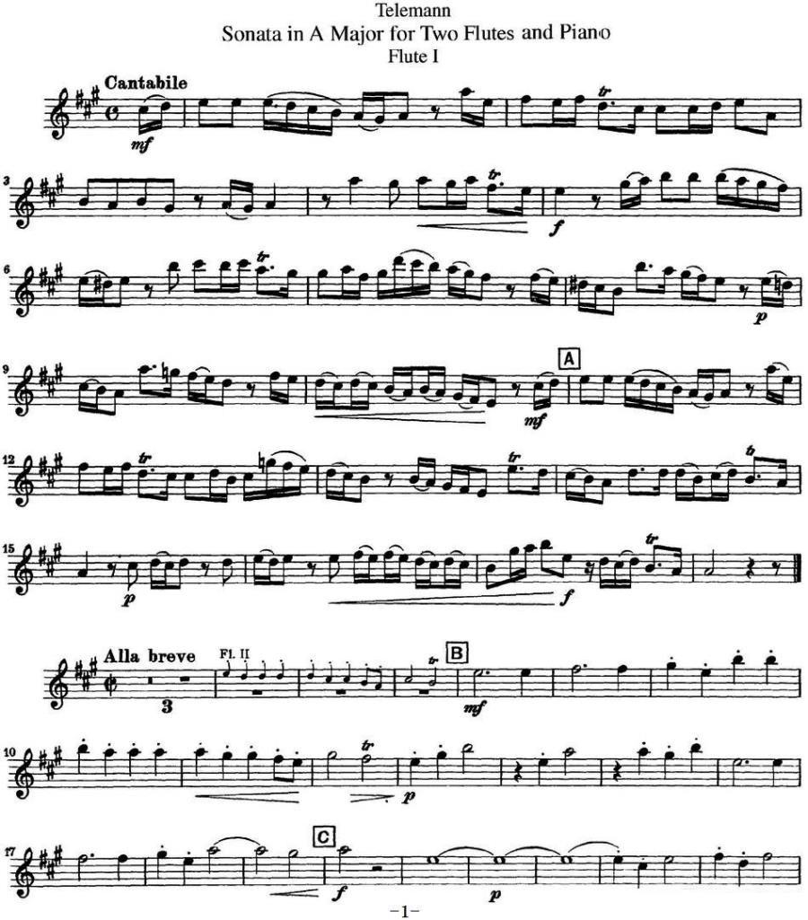 台莱曼A大调双长笛与钢琴奏鸣曲 - 乐谱