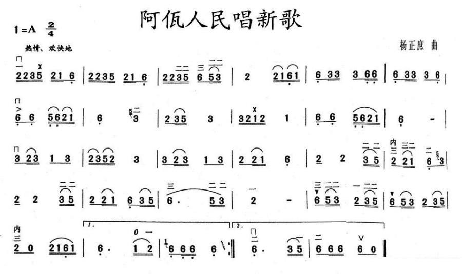 阿佤人民唱新歌（杨正庶曲） - 乐谱