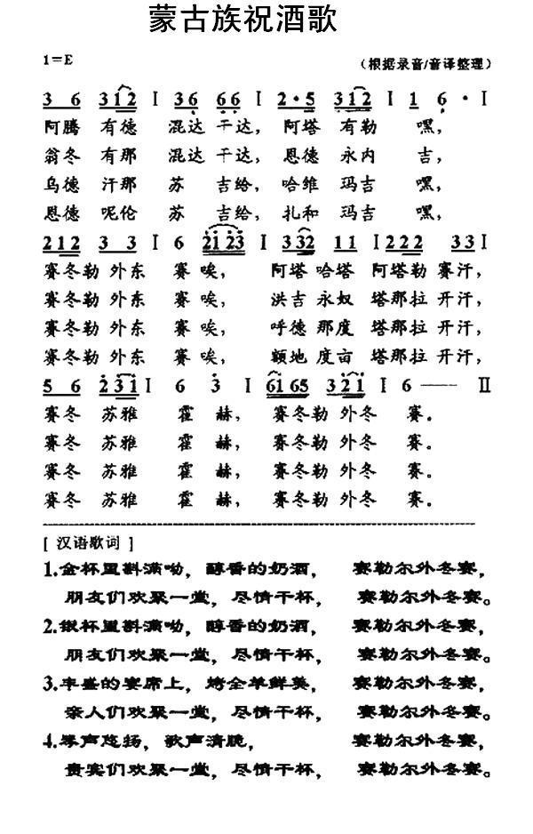 蒙古族祝酒歌（根据录音/音译整理） - 乐谱