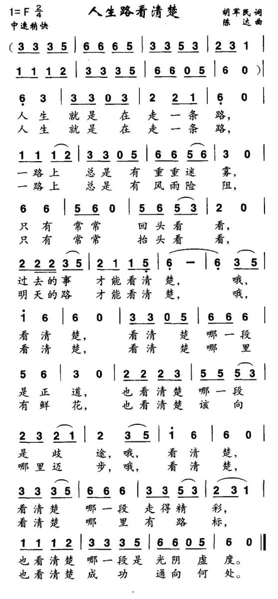 人生路看清楚（陈达曲 胡军民词） - 乐谱