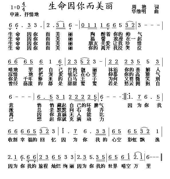 生命因你而美丽（蓝馨妮演唱） - 乐谱