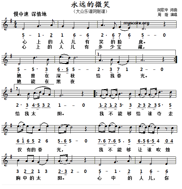 永远的微笑（线简谱对照版） - 乐谱