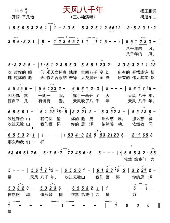 天风八千年（王小艳演唱） - 乐谱