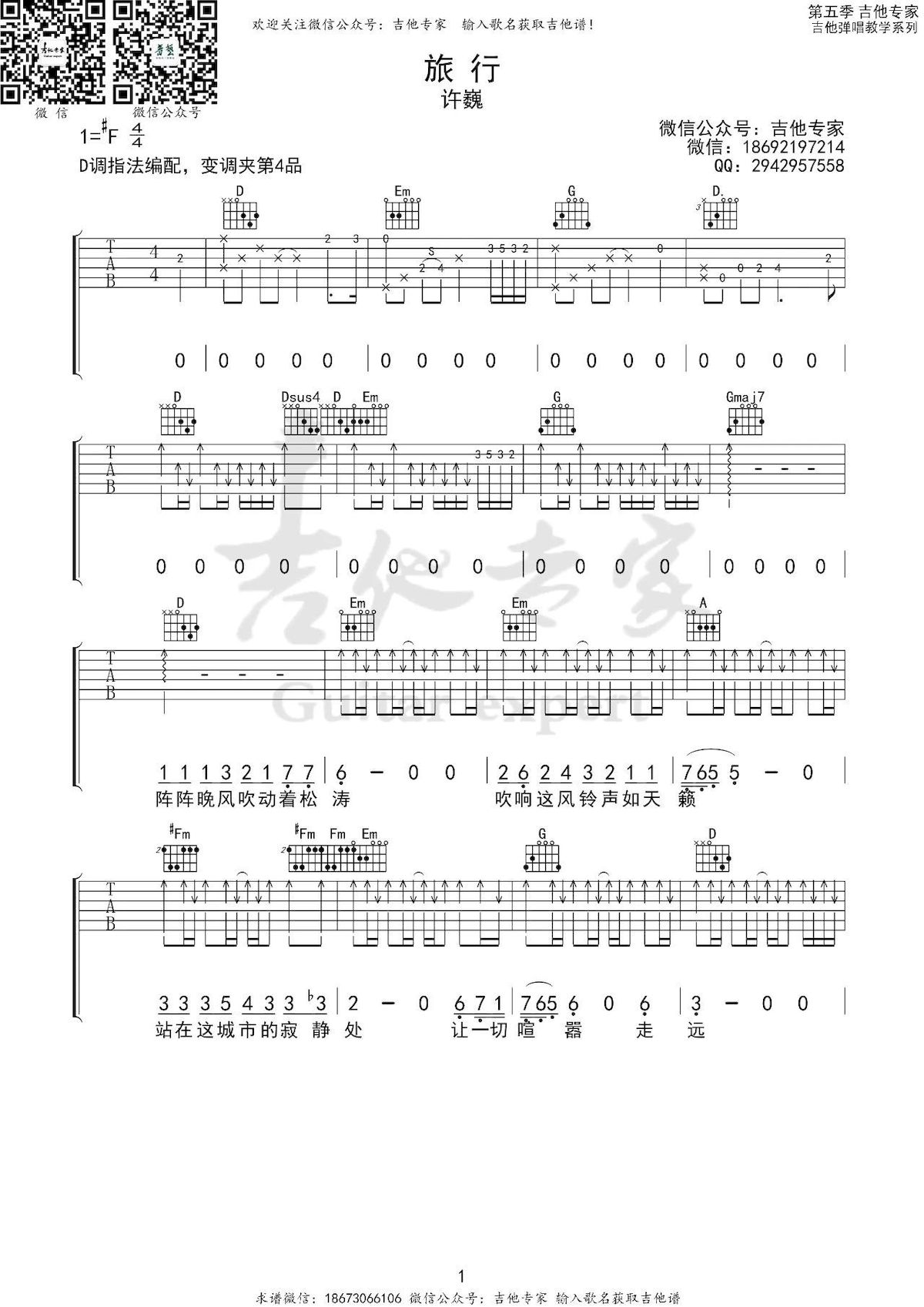 旅行（许巍演唱 D调指法编配） - 乐谱