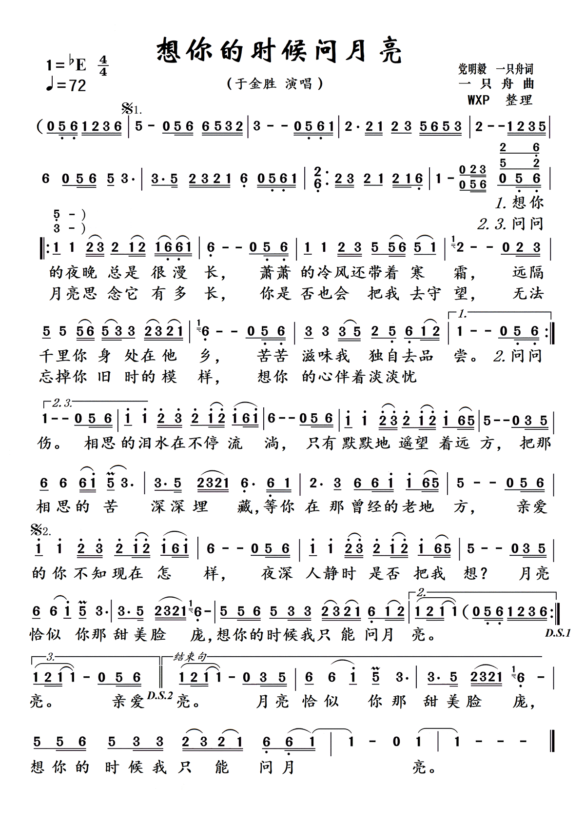 想你的时候问月亮（于金胜演唱） - 乐谱