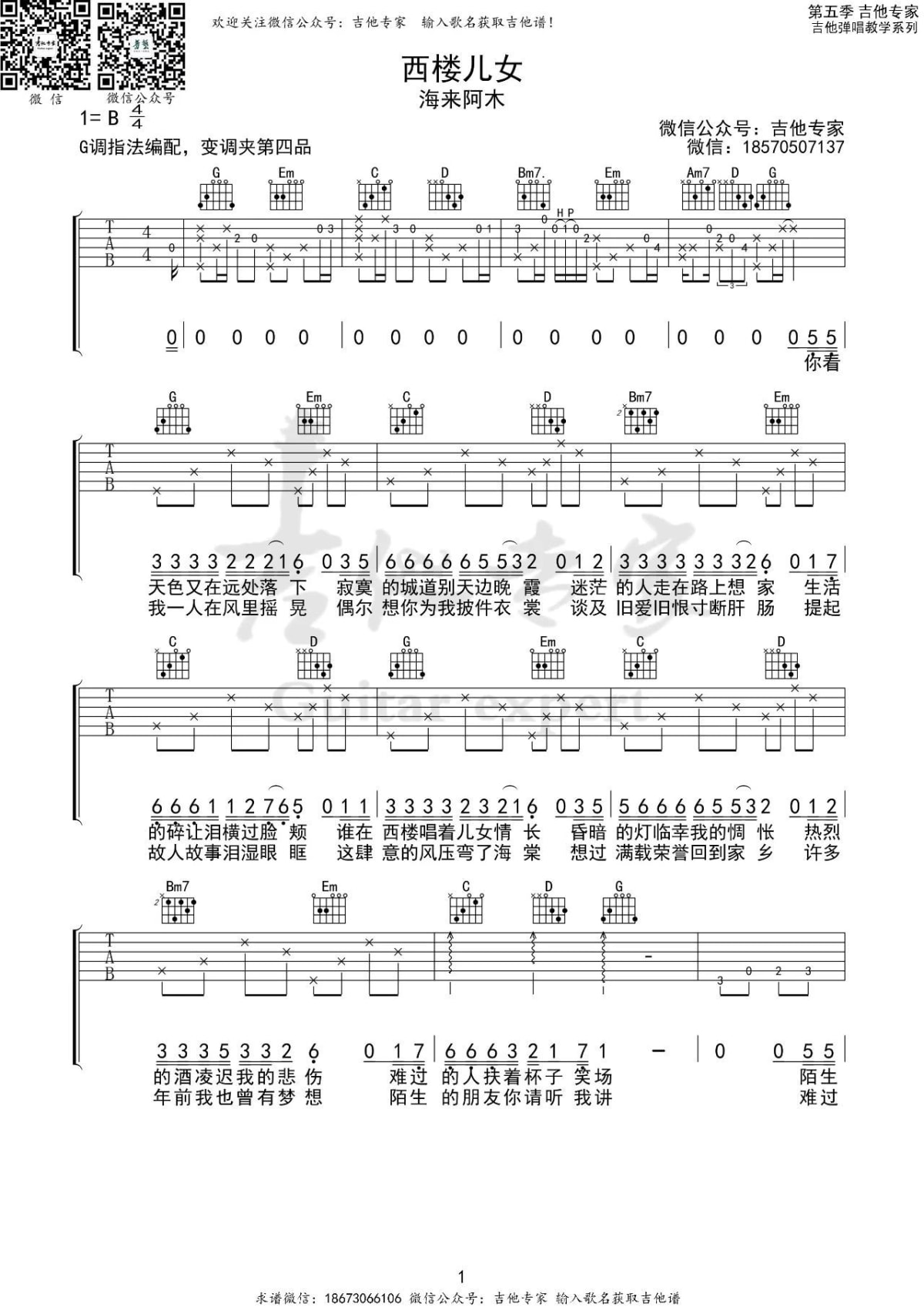 西楼儿女（海来阿木演唱 G调指法编配） - 乐谱