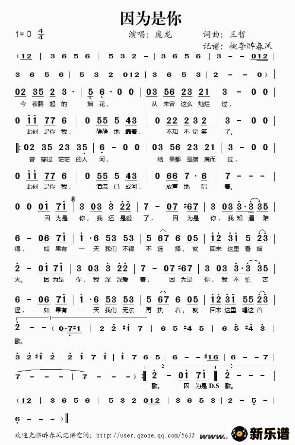 《因为是你》简谱 庞龙-桃李醉春风制谱