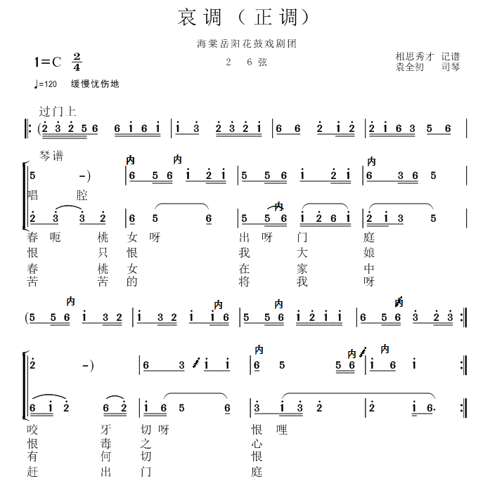 海棠岳阳花鼓戏剧团：哀调（正调） - 乐谱