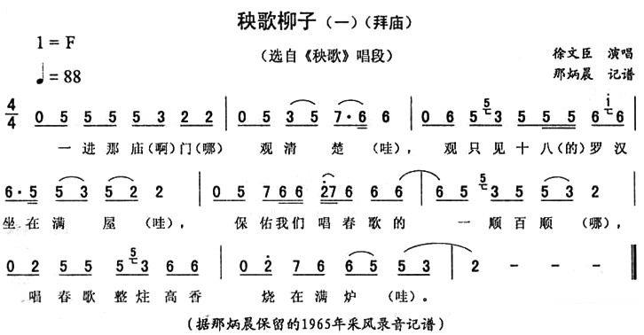 《秧歌》唱段：秧歌柳子（一）（拜庙） - 乐谱