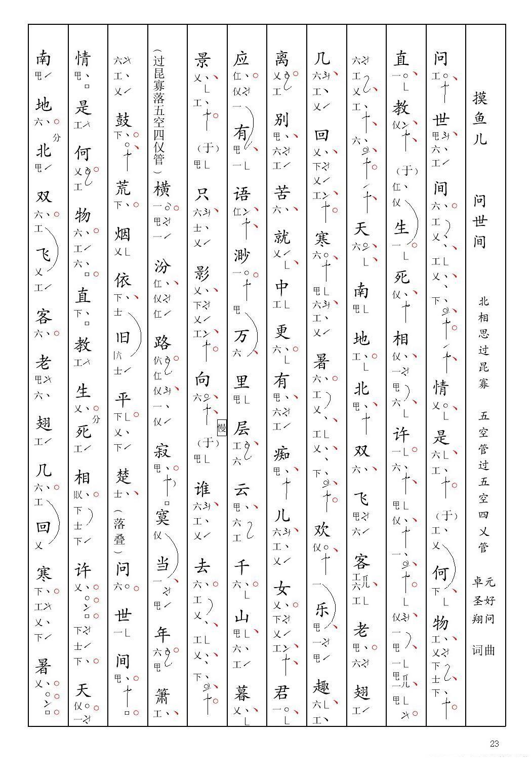 [南音工X谱] 摸鱼儿 问世间 元好问 北相思过昆寡 - 乐谱