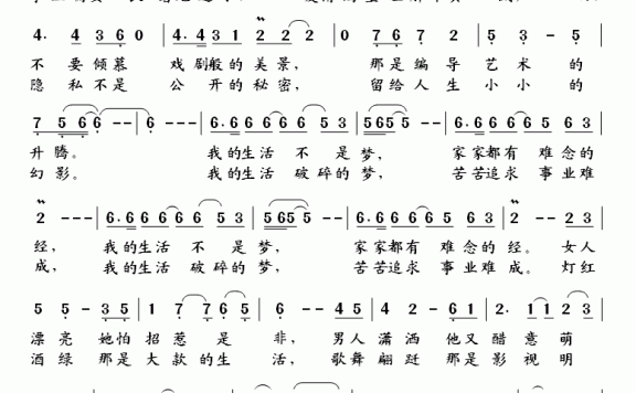 电视剧《黑色柔情》片头曲：我的生活不是梦 - 乐谱