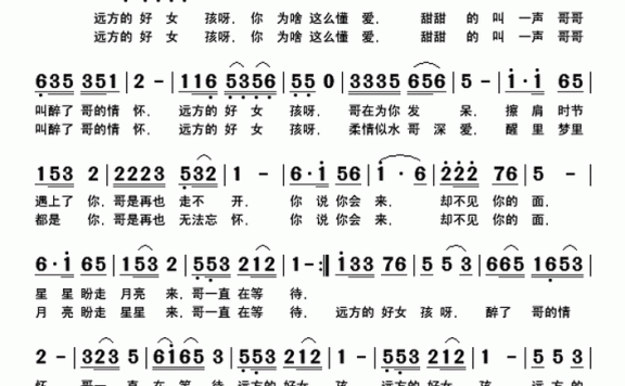 快乐老天演唱：远方的好女孩（简谱） - 乐谱