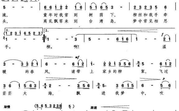 关牧村演唱：家乡有棵相思柳（简谱） - 乐谱