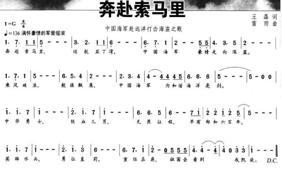 奔赴索马里（中国海军赴远洋打击海盗之歌） - 乐谱