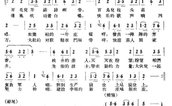 欢迎复员军人回家乡（晓河曲 管平词） - 乐谱