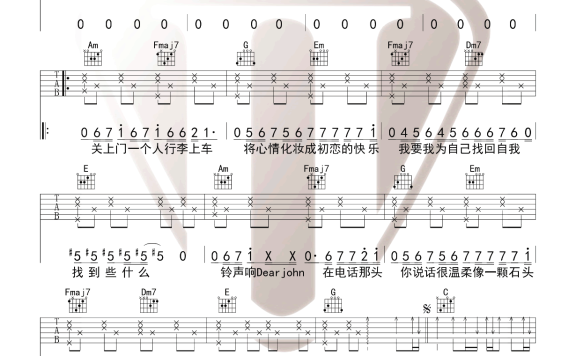 Dear John(比莉演唱 C调弹唱谱) - 乐谱