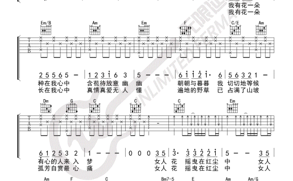 女人花(梅艳芳演唱 C调指法弹唱谱) - 乐谱