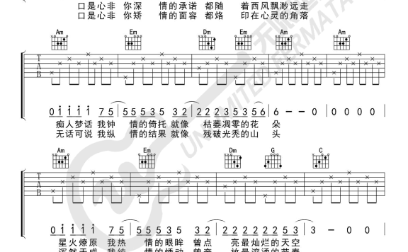 口是心非（张雨生演唱 C调弹唱谱） - 乐谱