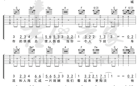 城市傍晚(毛不易演唱 C调弹唱谱) - 乐谱