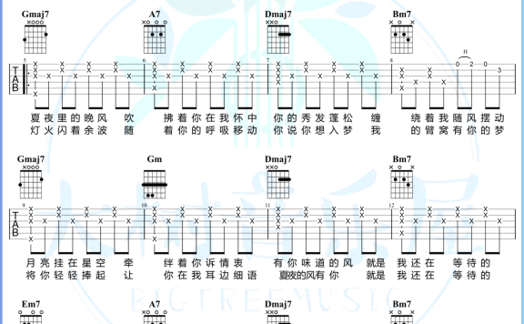 夏夜晚风(伍佰演唱 G调弹唱谱) - 乐谱
