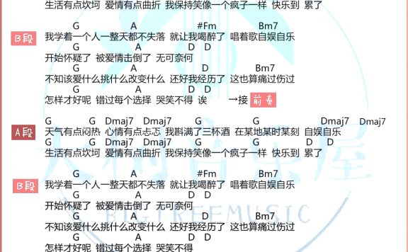 自娱自乐(金志文演唱 D调指法和弦弹唱谱) - 乐谱