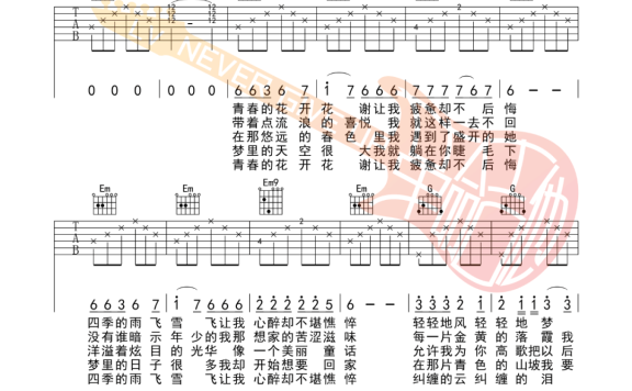 青春(沈庆演唱 G调指法编配) - 乐谱
