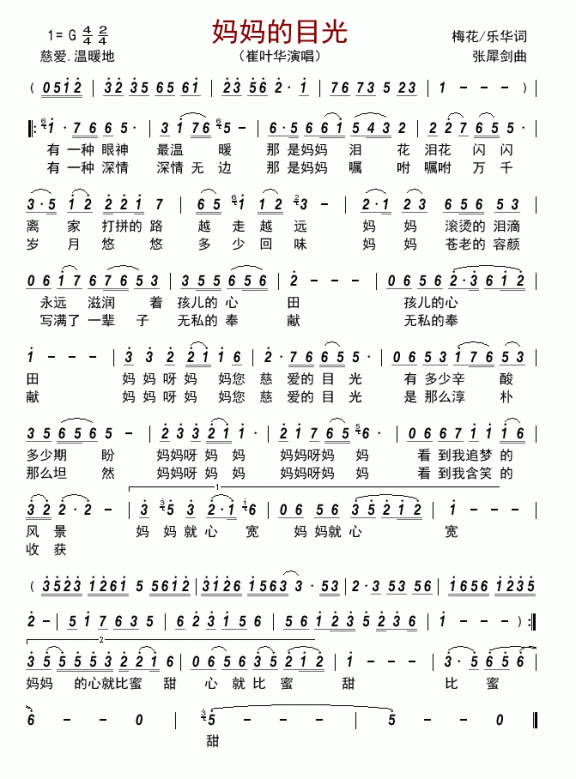 妈妈的目光（崔叶华演唱） - 乐谱