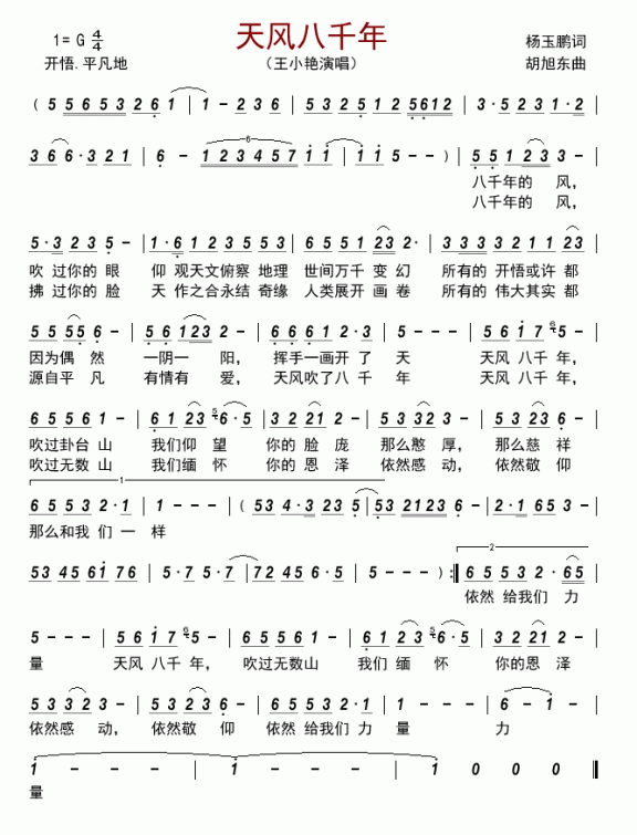 天风八千年（王小艳演唱） - 乐谱