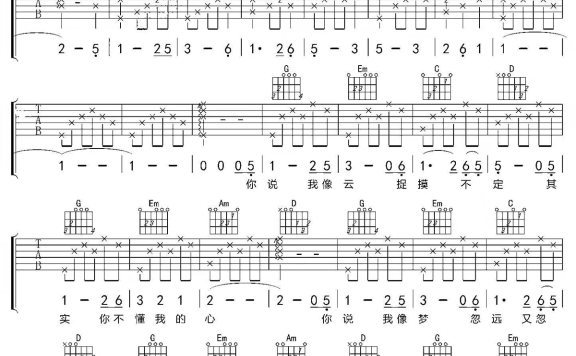 其实你不懂我的心（童安格演唱 G调弹唱谱） - 乐谱