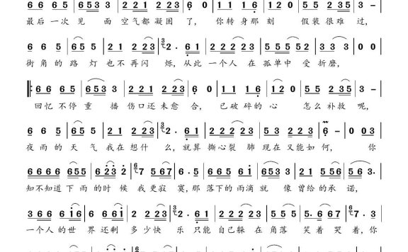 下雨的时候更寂寞（倪尔萍演唱） - 乐谱