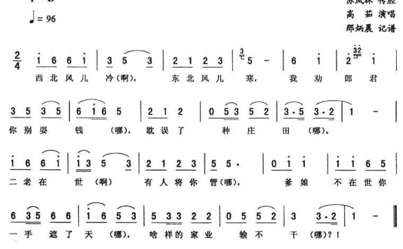 高茹演唱:《劝郎别耍钱》二人转谱 - 乐谱