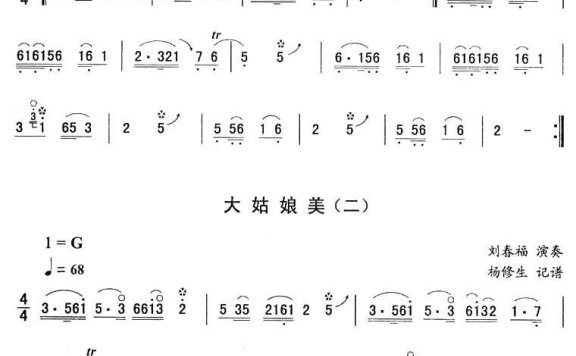 东北秧歌曲牌:大姑娘美(二人转伴奏谱) - 乐谱